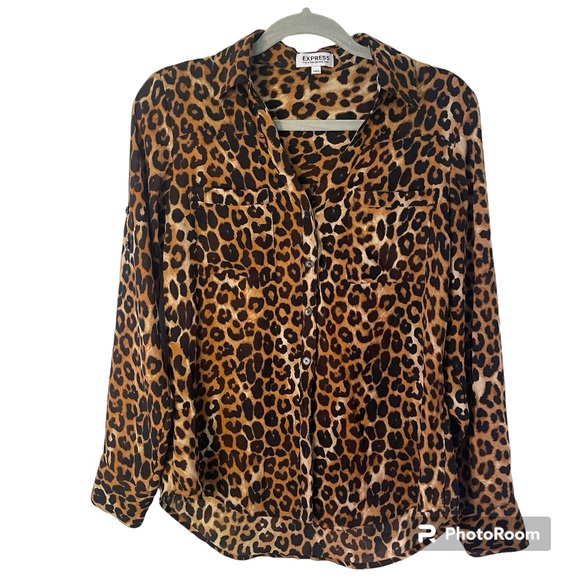 Express Leopard Print Portofino Women’s Button Down Long Sleeve Blouse - Picture 1 of 12